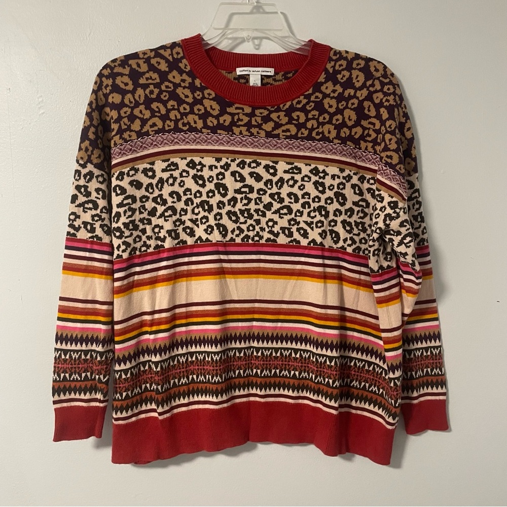 Autumn Cashmere 100% Cotton Sweater‎ Leopard Fair Isle Oversize Stripe Sweater L